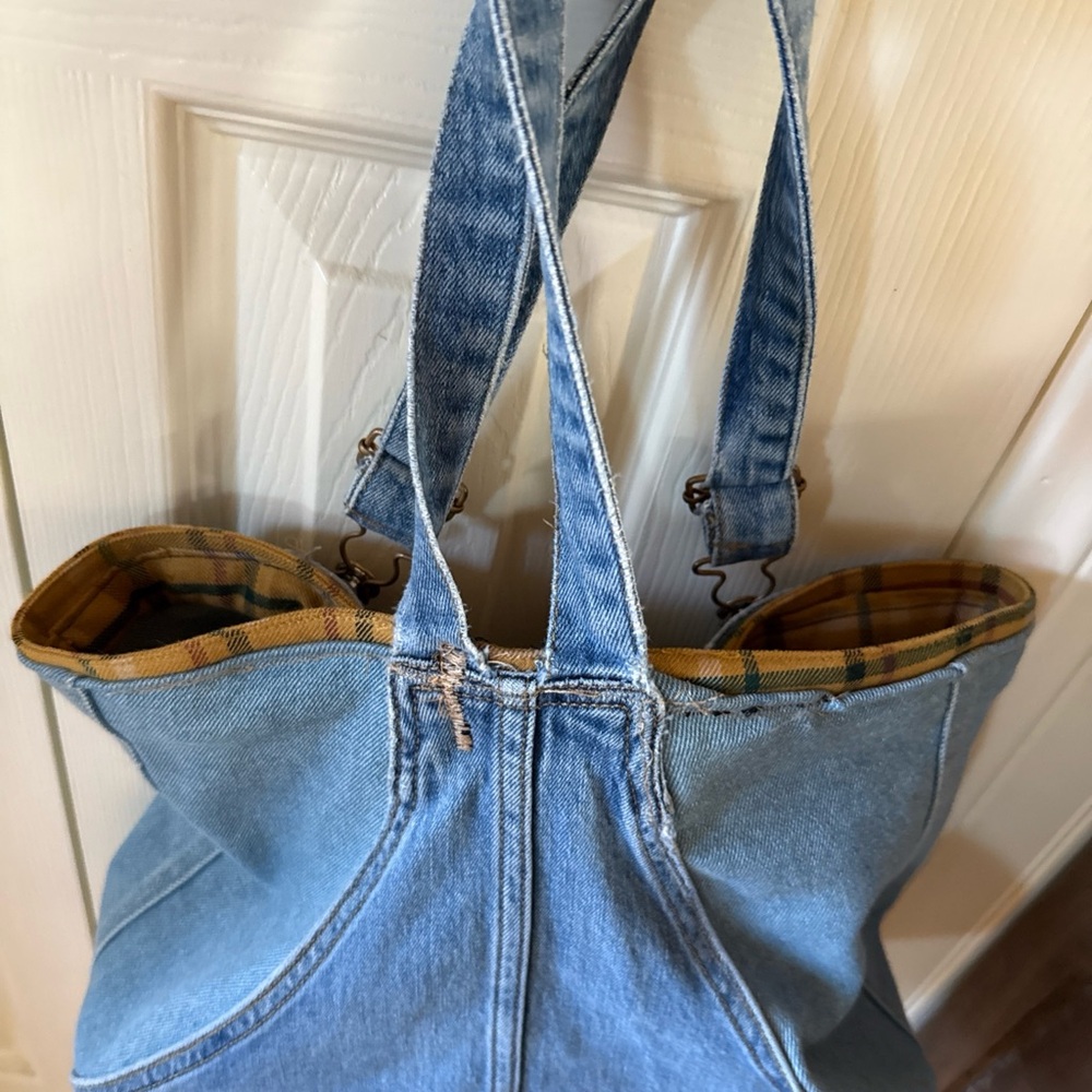 Handmade upcycled denim tote bag with decorative embellishments. - Picture 3 of 4